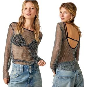 🦋Free People Low Back Filter Finish Long Sleeve Top Navy Crystal Mesh size-s